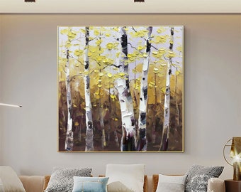 Grote berkenboom abstract schilderij herfst landschapsschilderkunst berkenboom landschapsschilderkunst moderne acrylkunst grote getextureerde kunst slaapkamer kunst