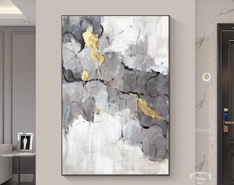 Gray Minimalist Abstract Painting Large Gray and White Wall Art Gray Textured Painting Gold Abstract Painting Modern Abstract Wall Art