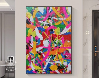 May include: Abstract painting with bold, colorful strokes and splatters of paint in shades of red, yellow, blue, green, pink, white, and black.