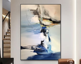Large Minimalist Abstract Painting Original Blue Texture Abstract Painting Black and White Abstract Painting Blue Painting Office Wall Art