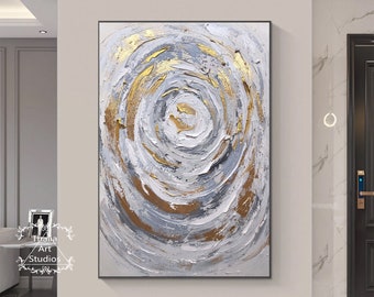 Gray and White Abstract Texture Painting Large Gold Abstract Painting Swirl Texture Painting Original Minimalist Abstract Texture Wall Art