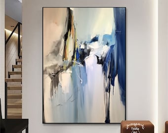 Original Abstract Minimalist Painting Large Blue Canvas Abstract Painting Blue and Beige Abstract Painting Beige Minimalist Abstract Art