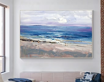 Original Beach Abstract Painting Blue Ocean Painting Modern Acrylic Abstract Art Large Wall Art Beach Scenery Art Living Room Decor Art