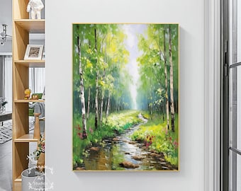 Large Abstract Forest Landscape Painting Spring Painting Forest Wall Art Green Acrylic Textured Painting Flower Painting Living Room Art