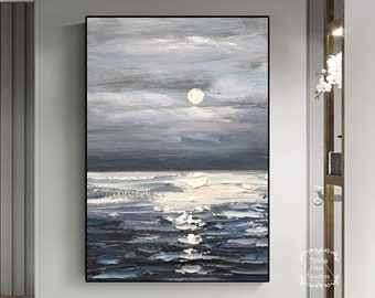 Black Texture Art Original Black Ocean Art Gray Wall Art Night Seascape Painting Modern Acrylic Painting Moon Landscape Canvas Painting