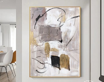 大きなグレーと白の壁アート グレーのテクスチャー絵画 ゴールドの抽象