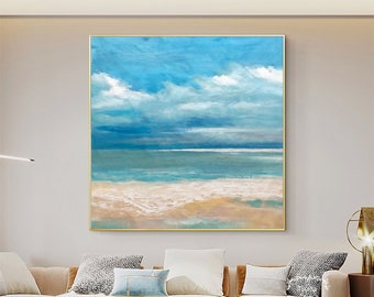 大きなテクスチャーの海のアクリル画 額入りの海の絵 キャンバスに描か