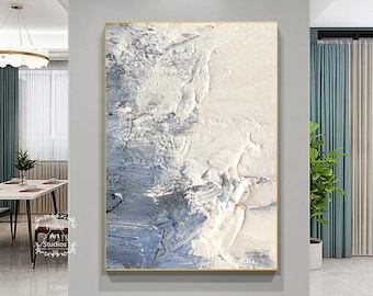 Large Original White Texture Abstract Painting White Painting Blue Abstract Wall art Minimalist Abstract Painting Modern Art Living Room Art