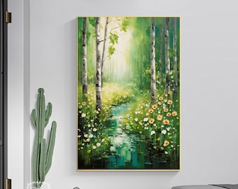 Large Original Abstract Forest Canvas Painting Green Forest Wall Art Green Textured Acrylic Painting Living Room Wall Decorative Painting
