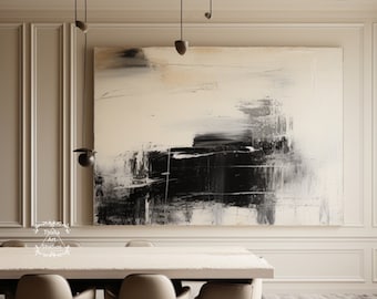 Pintura abstracta minimalista en blanco y negro Pintura abstracta original en lienzo beige Arte de pared abstracto moderno Pintura texturizada negra grande