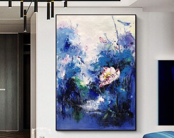 Original Lotus Flower Painting 3D Textured Lotus Abstract Painting Flower Painting on Canvas Large Abstract Wall Art Modern Acrylic Painting