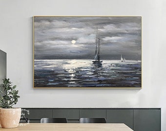 May include: A painting of a sailboat on a calm sea at night with a full moon in the sky. The painting is done in shades of gray and blue.