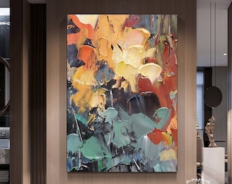 Large Orange and Green Abstract Painting Original Handmade Textured Abstract Painting Minimalist Abstract Canvas Painting Living Room Art