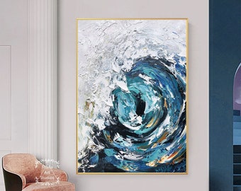 Large Blue Waves Canvas Painting Boho Wall Decor Hand painted Ocean Home Decor White Abstract Texture Painting Sea Landscape Painting