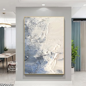 Pintura abstrata de textura branca original grande, pintura branca, arte de parede abstrata azul, pintura abstrata minimalista, arte moderna, arte para sala de estar