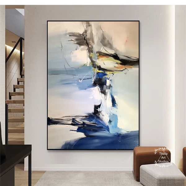 Large Minimalist Abstract Painting Original Blue Texture Abstract Painting Black and White Abstract Painting Blue Painting Office Wall Art