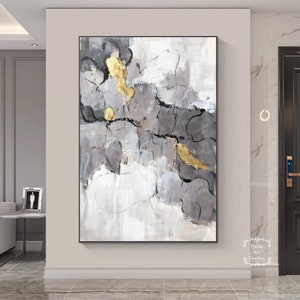 Gray Minimalist Abstract Painting Large Gray and White Wall Art Gray Textured Painting Gold Abstract Painting Modern Abstract Wall Art