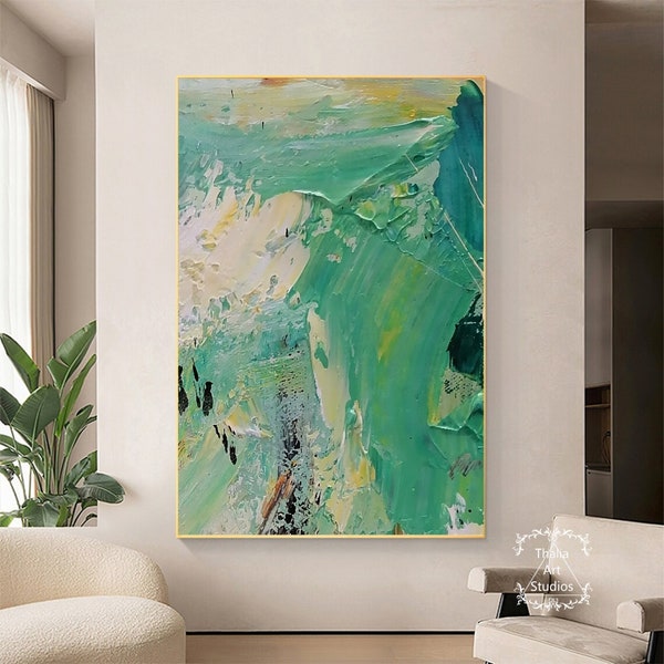 Abstract Green Canvas Painting Large 3D Texture Abstract Painting Green Abstract Wall Art Beige Texture Art Bedroom Decoration Painting