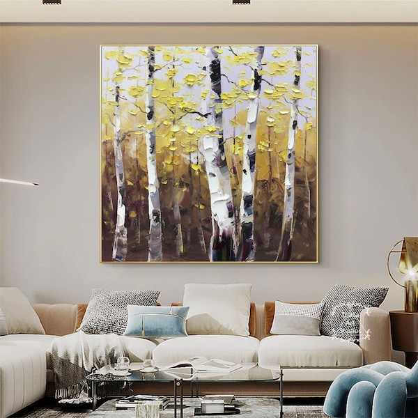 Large Birch Tree Abstract Painting Autumn Landscape Painting Birch Tree Landscape Painting Modern Acrylic Art Large Textured Art Bedroom Art