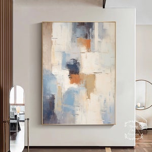 Large Blue And Beige Abstract Painting Neutral Beige Wall Art  Beige Minimalist Abstract Painting Blue Abstract Decorative Painting