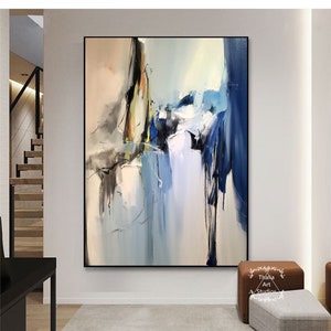 Original Abstract Minimalist Painting Large Blue Canvas Abstract Painting Blue and Beige Abstract Painting Beige Minimalist Abstract Art