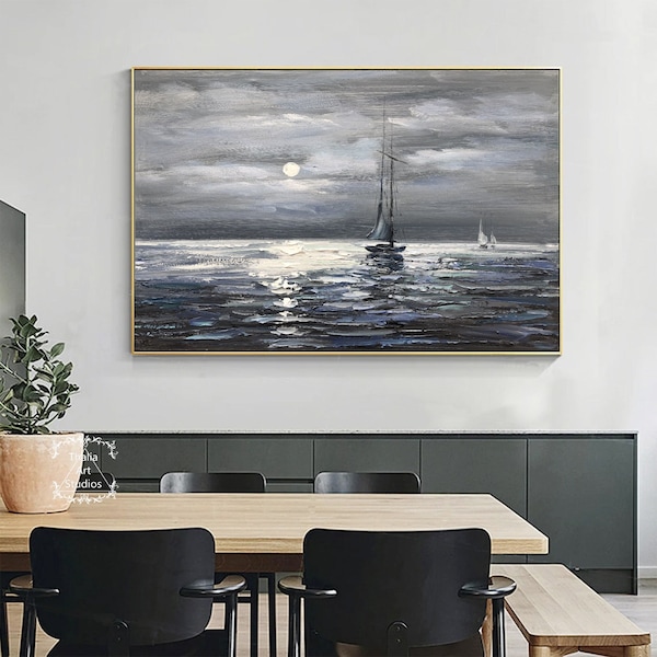 Original Nautical Abstract Painting Black and White Abstract Texture Painting Boat Painting Moon Painting Ocean Landscape Painting on Canvas