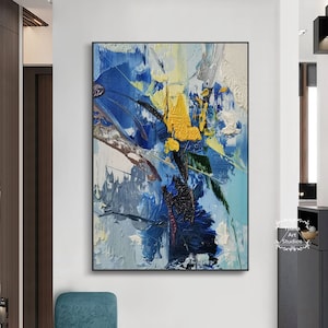 Blue Acrylic Abstract Large Abstract Blue Texture Painting Black 3D Texture Abstract Wall Art Yellow Abstract Canvas Painting Modern Art