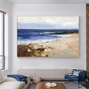 オリジナルのビーチ風景画 モダンな海景アクリル画 ビーチ抽象画