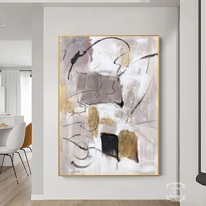 抽象油彩画 グレーと白 大きなグレーと白の壁アート グレーのテクスチャー絵画 ゴールドの抽象