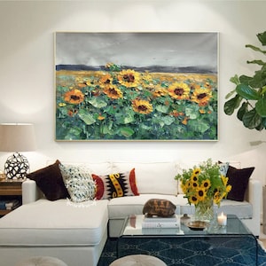 Sunflower Painting Original Blooming Abstract Flower Painting Large Canvas Sunflower Oil Painting Grey Sky Texture Painting Large Wall Art