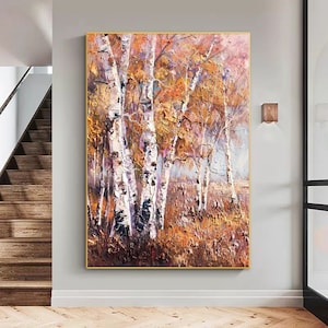 Large Autumn Birch Tree Painting Original Texture Forest Landscape Oil Painting Brown Texture Painting Abstract Birch Tree Painting Room Art