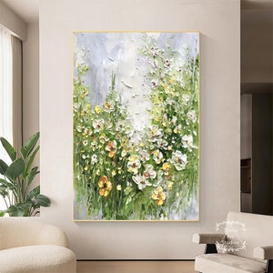 Large Abstract White Flower Oil Painting Colorful Flower Painting Green Canvas Art Palette Knife Painting Living Room Bedroom Decor Wall Art