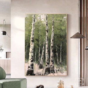 Birch Tree Painting Large Original Birch Tree Landscape Painting Birch Tree Forest Abstract Painting Green Texture Wall Art Living Room Art