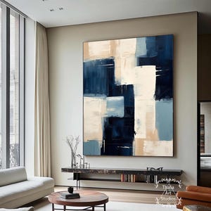 Large Navy Blue Abstract Painting Beige and Blue Abstract Wall Art Dark Blue Minimalist Decorative Art Modern Geometric Abstract Painting