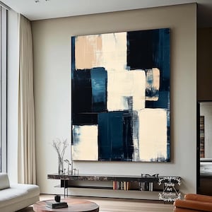 Large Navy Blue Beige Geometric Abstract Canvas Painting Modern Minimalist Abstract Wall Art Oversized Acrylic Vertical Blue Painting