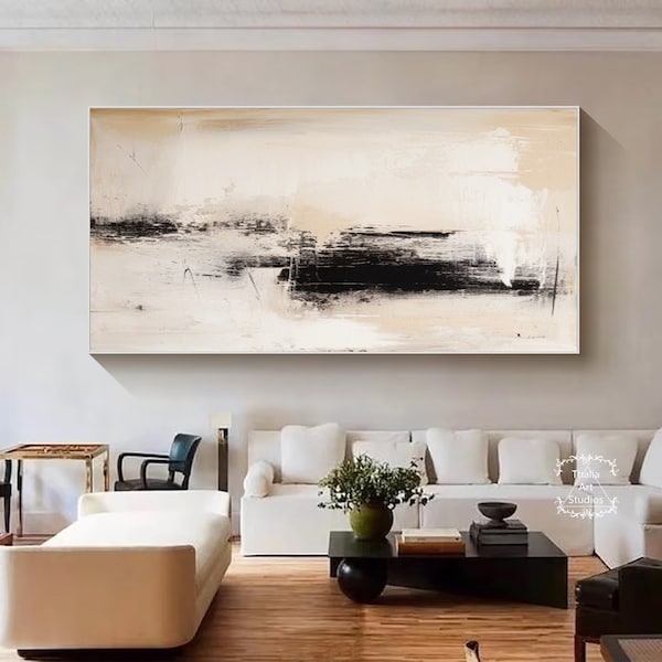 Large Beige and Black Wall Art Modern Minimalist Black Wall Decor Painting Custom Art Original Minimalist Brown and Beige Abstract Painting