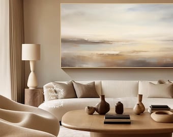 ベージュの風景抽象壁アート 大きなベージュブラウン抽象画 空の風景画