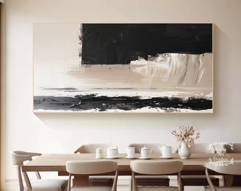 Large Hand Painted Abstract Beige and Black Texture Art Black Painting Minimalist Painting Home Decor Painting Black and White Wall Art