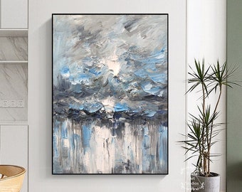 Grande arte astratta della parete Pittura astratta blu Grigio acrilico Arte astratta 3D Texture bianca Arte Pittura astratta moderna Soggiorno Arte della parete