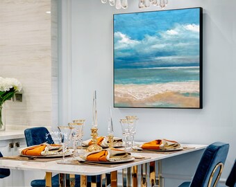 大きなテクスチャーの海のアクリル画 額入りの海の絵 キャンバスに描か