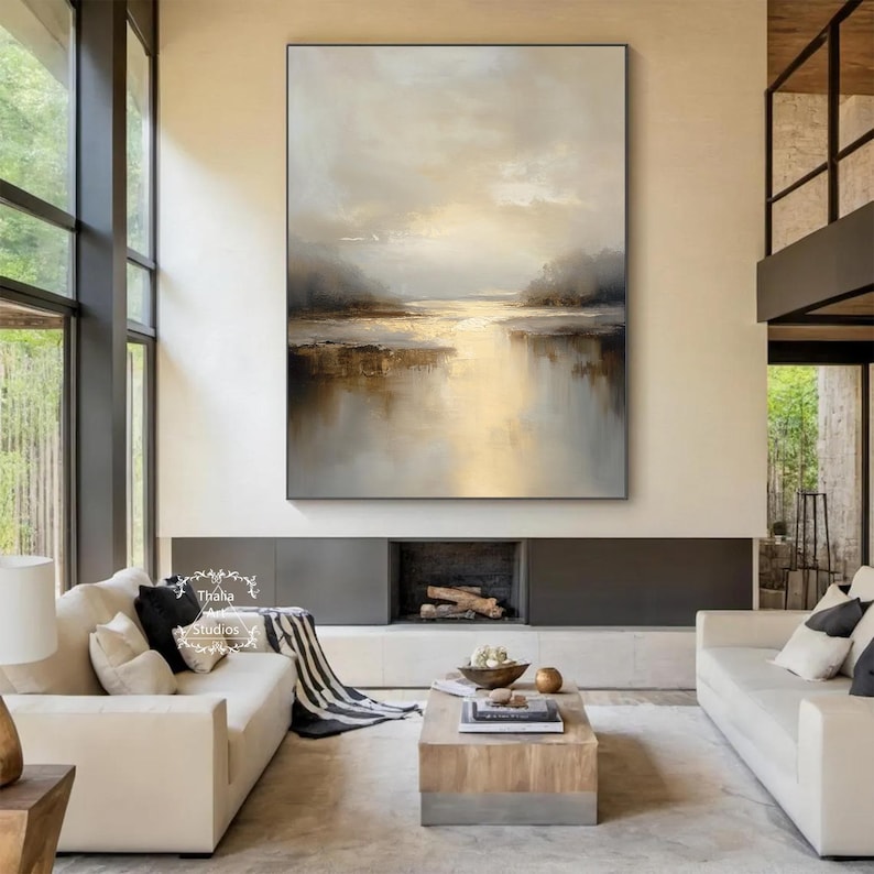 Calm Brown Landscape Abstract Blue Sky Painting Wabi Sabi Oil Painting ...