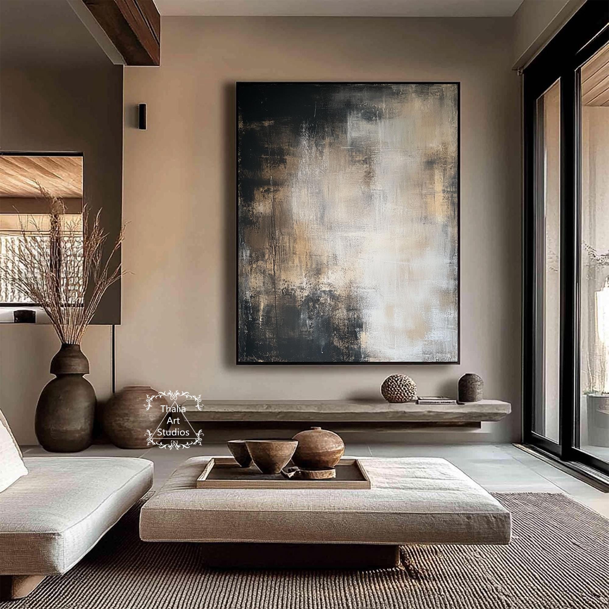 大きな黒と茶色の抽象画 黒と茶色の抽象画 壁アート グレーの