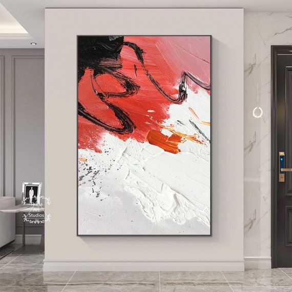 白い抽象画 大きな赤いテクスチャ画 白い抽象画 モダンなアクリル画