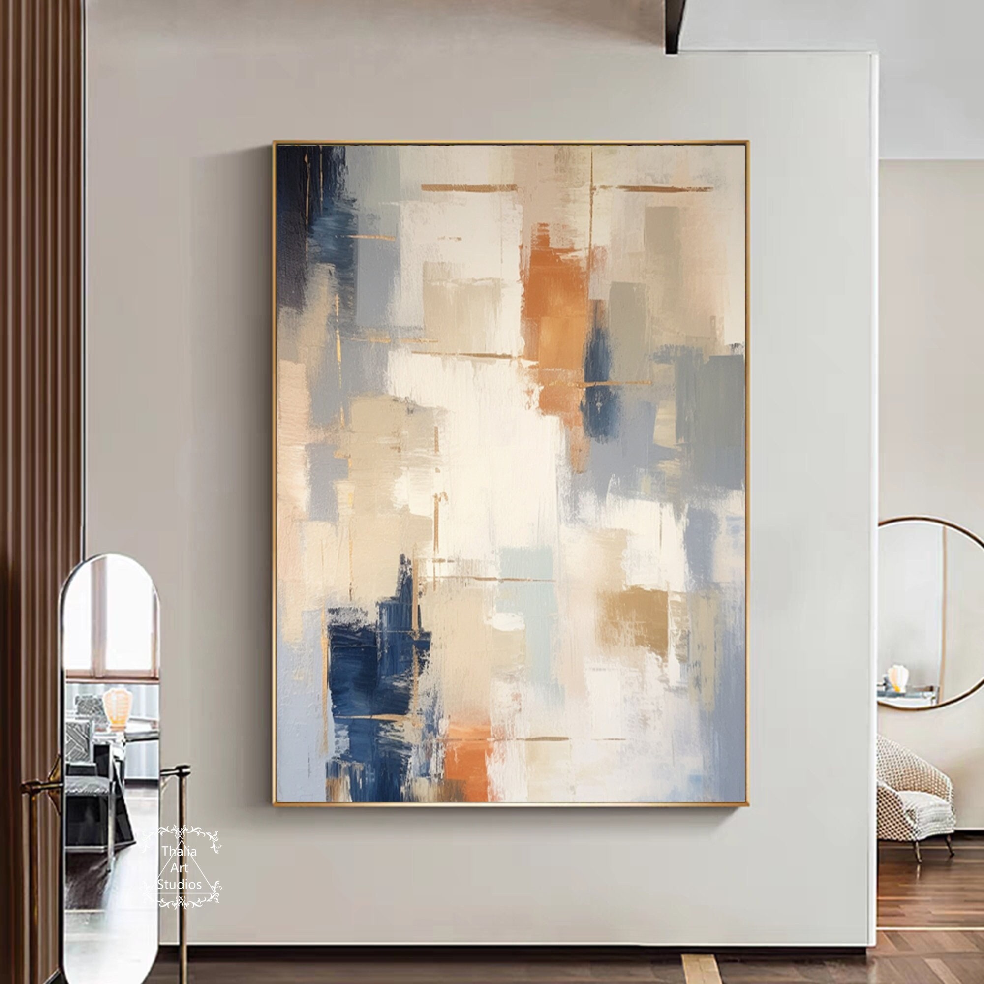 Large Minimalist Colorful Abstract Painting Original Blue and Brown Wall Art Blue Abstract Painting Living Room Minimalist Decorative Art