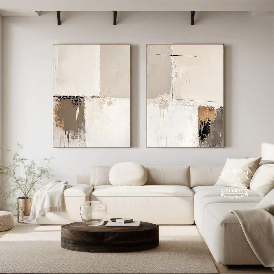 Large Grey Beige Abstract Paintings Minimalist Geometric Wall Art Set ...