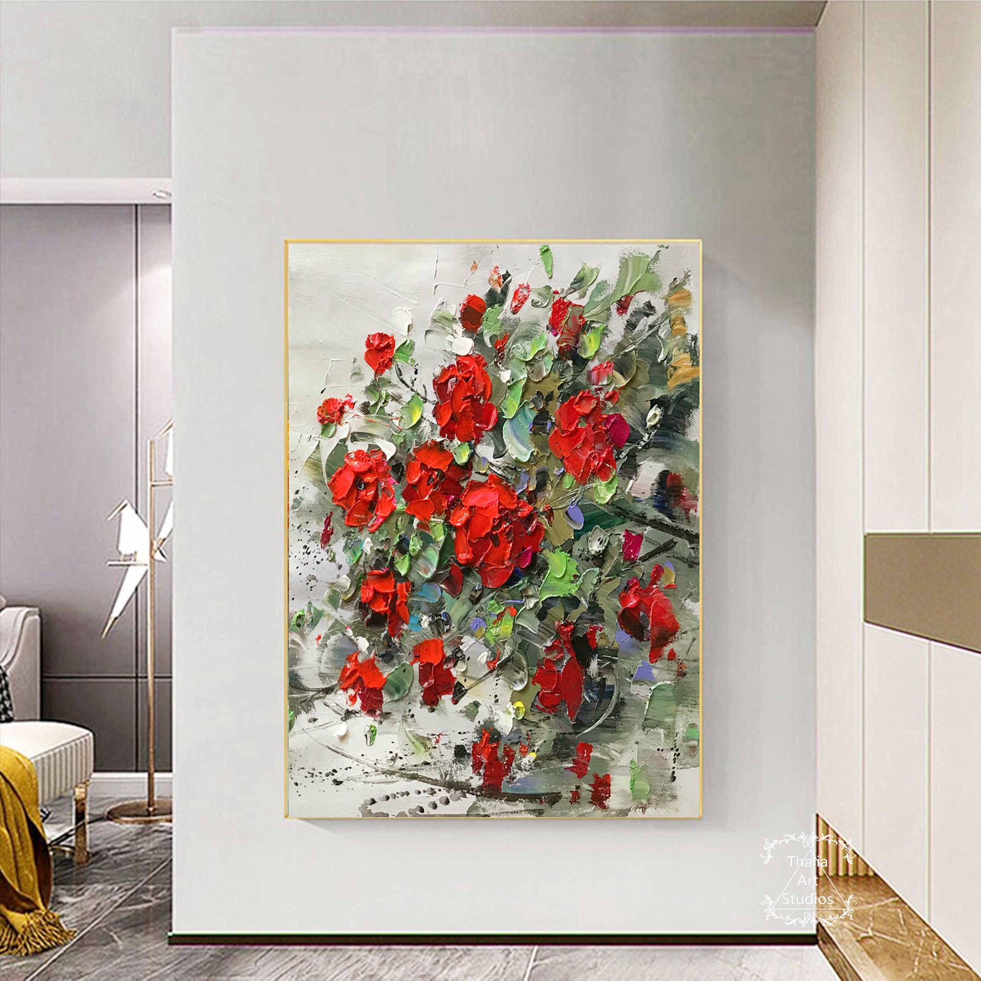 大きなオリジナルバラの花のキャンバス絵画 赤いバラの絵画 バラの抽象