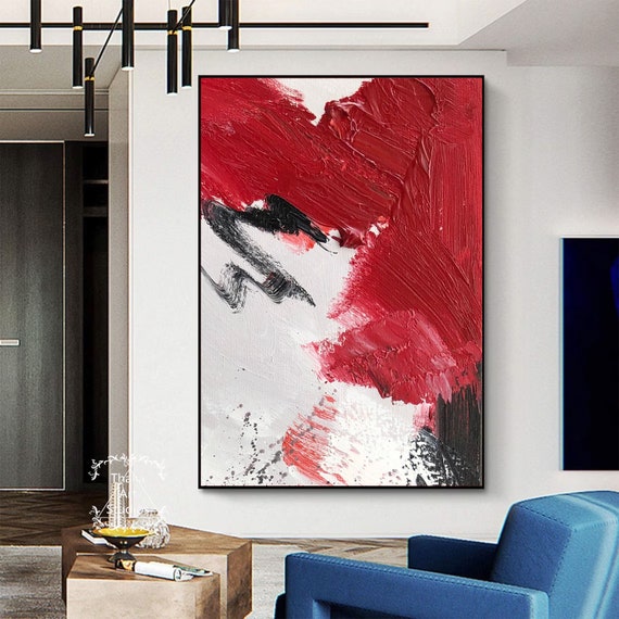 大きな赤い抽象画、白い抽象画の壁アート、モダンな赤い