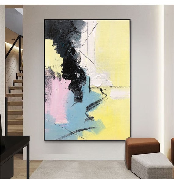 Large Yellow Abstract Canvas Art Original Blue Abstract Etsy