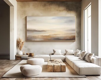 ベージュの風景抽象壁アート 大きなベージュブラウン抽象画 空の風景画