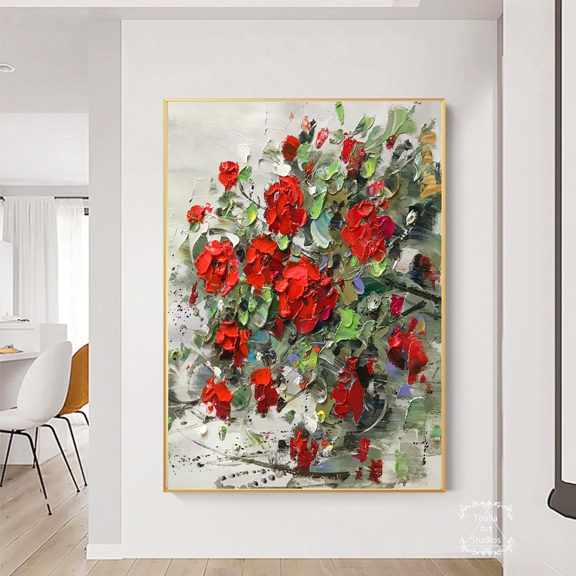 大きなオリジナルバラの花のキャンバス絵画 赤いバラの絵画 バラの抽象